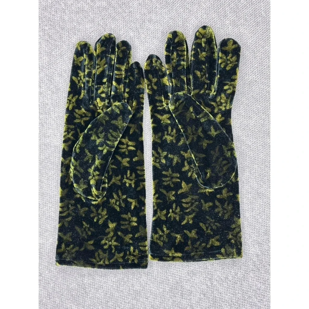 Velvet Retro Gloves Green Black Womens Sz S/M